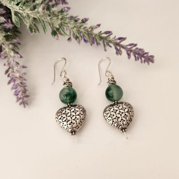Natural Jade Stone Silver Heart Dangle Earrings - Picture 1 of 8